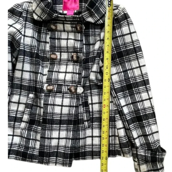 Pink Envelope Plaid Hooded Button Down Black and White Peacoat Junior’s Large - Picture 12 of 13